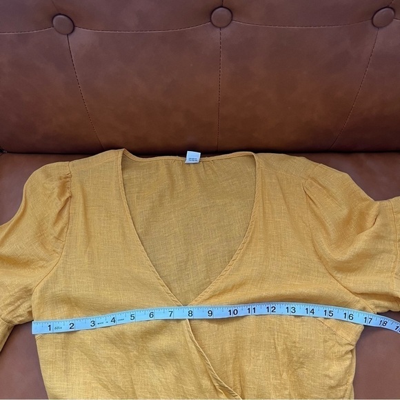 Old Navy Yellow Linen Blend Wrap Front 3/4 Flutter Ruffle Sleeve Wrap Top M Tall - Picture 5 of 10